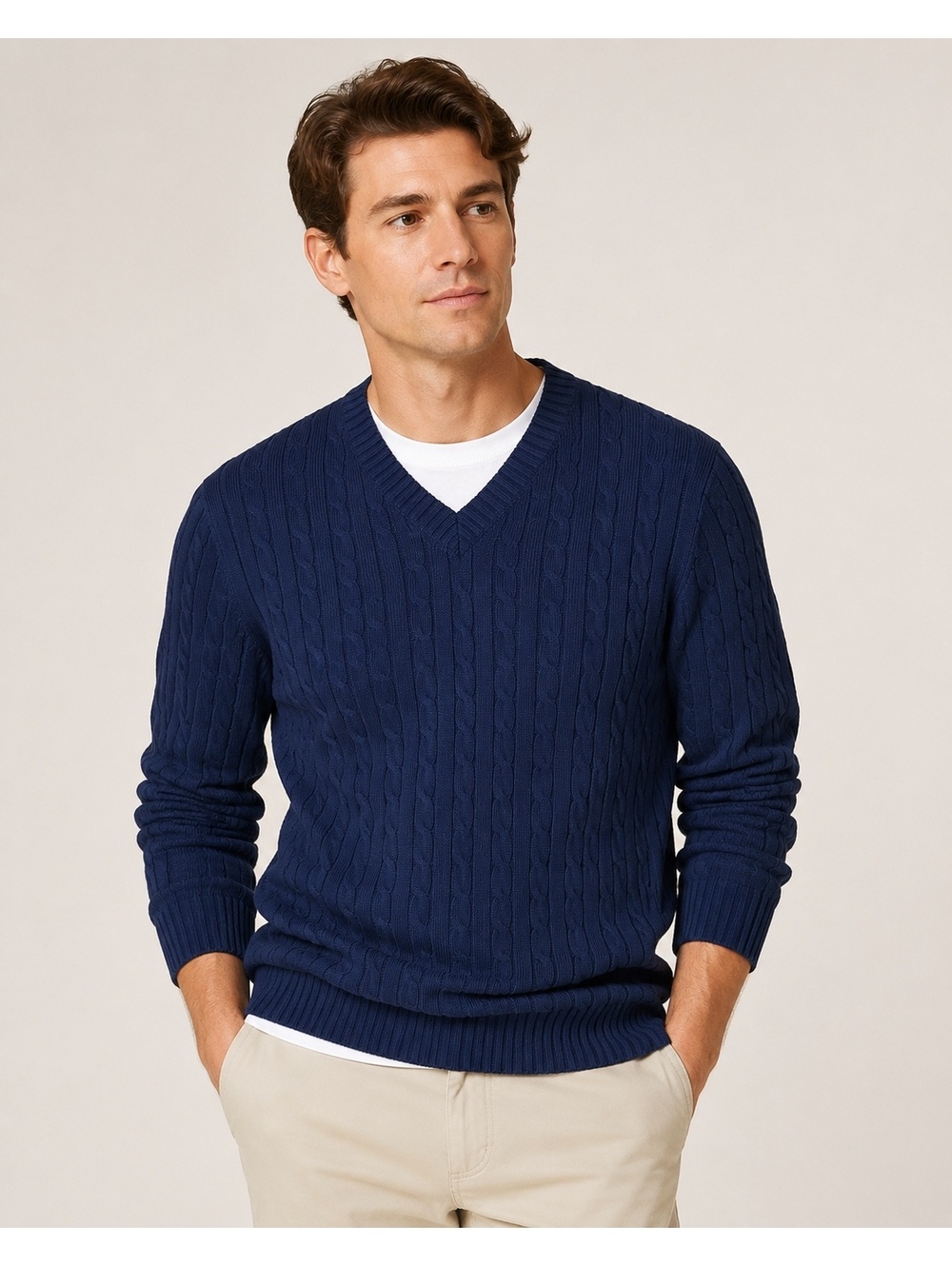 NWT J Crew Large Navy V Neck Cable Knit Sweater L